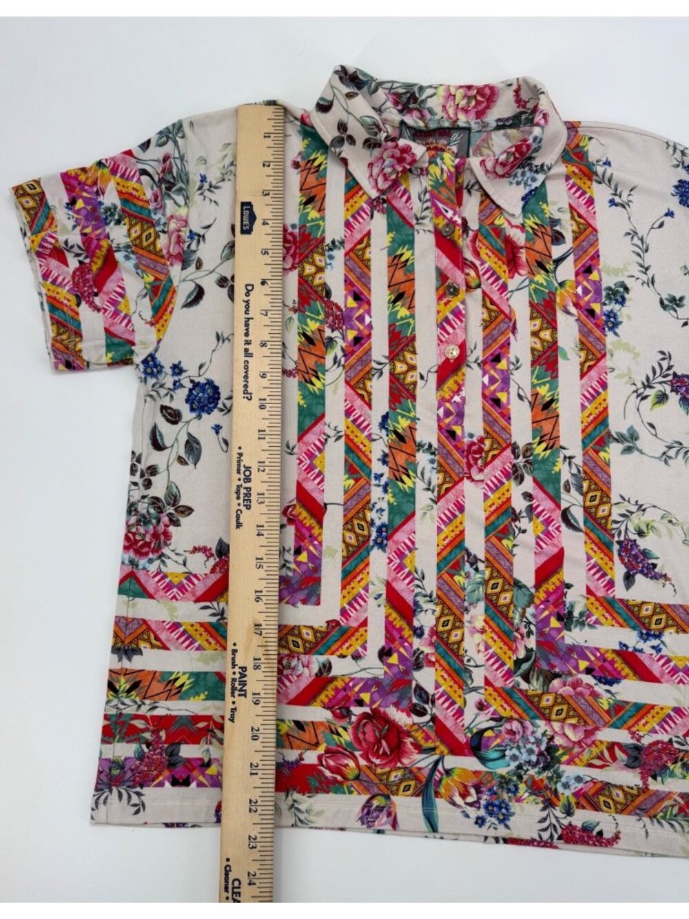 Johnny Was XS Azzy Boho Floral & Geometric Bamboo Button-Up Polo Shirt - Picture 8 of 11